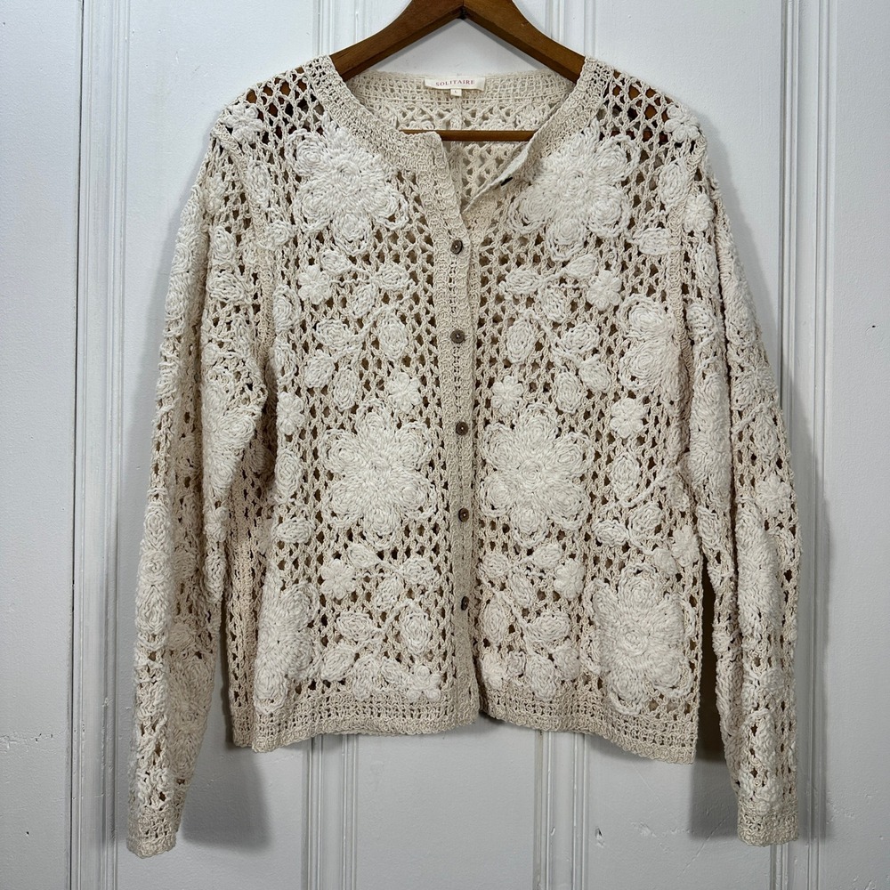 Solitaire Cardigan Womens Large Cream Good Crochet Floral Open Knit Boho 25-319